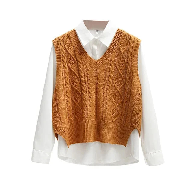 Damen Strickweste lang aus Baumwolle | Ärmellose Weste mit V-Ausschnitt und strukturiertem Strickmuster für vielseitige Looks