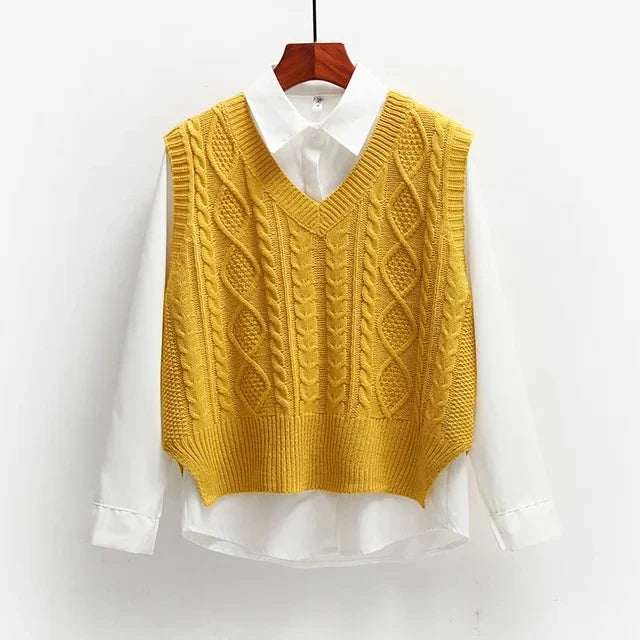 Damen Strickweste lang aus Baumwolle | Ärmellose Weste mit V-Ausschnitt und strukturiertem Strickmuster für vielseitige Looks