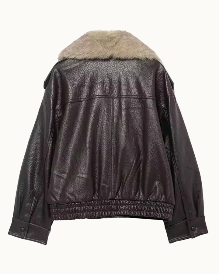 Damen Pilotenjacke mit Kunstfellkragen | Übergroße Fliegerjacke in Lederoptik mit elastischem Saum und Seitentaschen