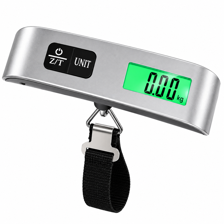 Digitale Kofferwaage bis 50 kg Schwarz/Silber | Gepäckwaage mit kg/lbs-Anzeige, Nylonriemen und Knopfzellen-Batterie