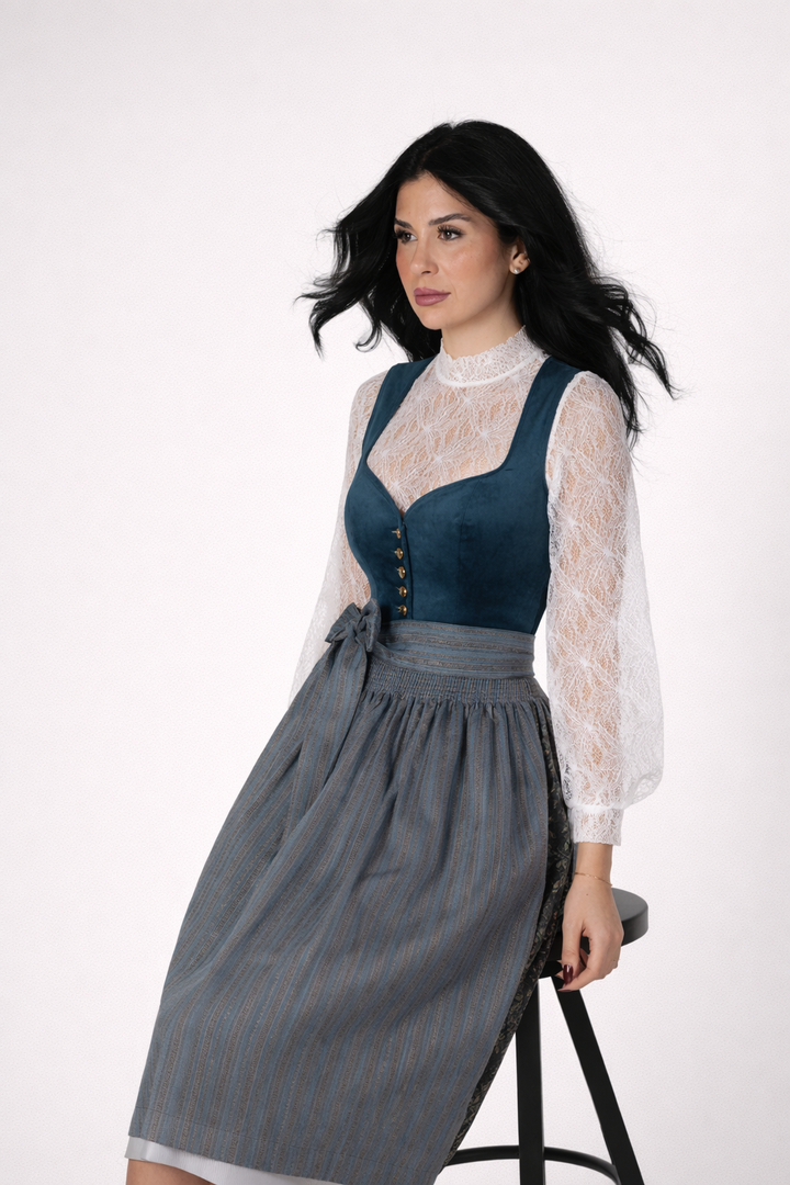 Dirndl Midi Damen | Samt-Dirndl mit 70 cm Rocklänge, Knopfleiste und gemusterter Schürze für festliche Anlässe