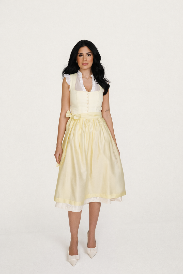 Dirndl Midi Damen | 70 cm Rocklänge | Elegantes Mieder mit Knopfleiste &amp; glänzender Schürze | Für Oktoberfest &amp; Volksfeste