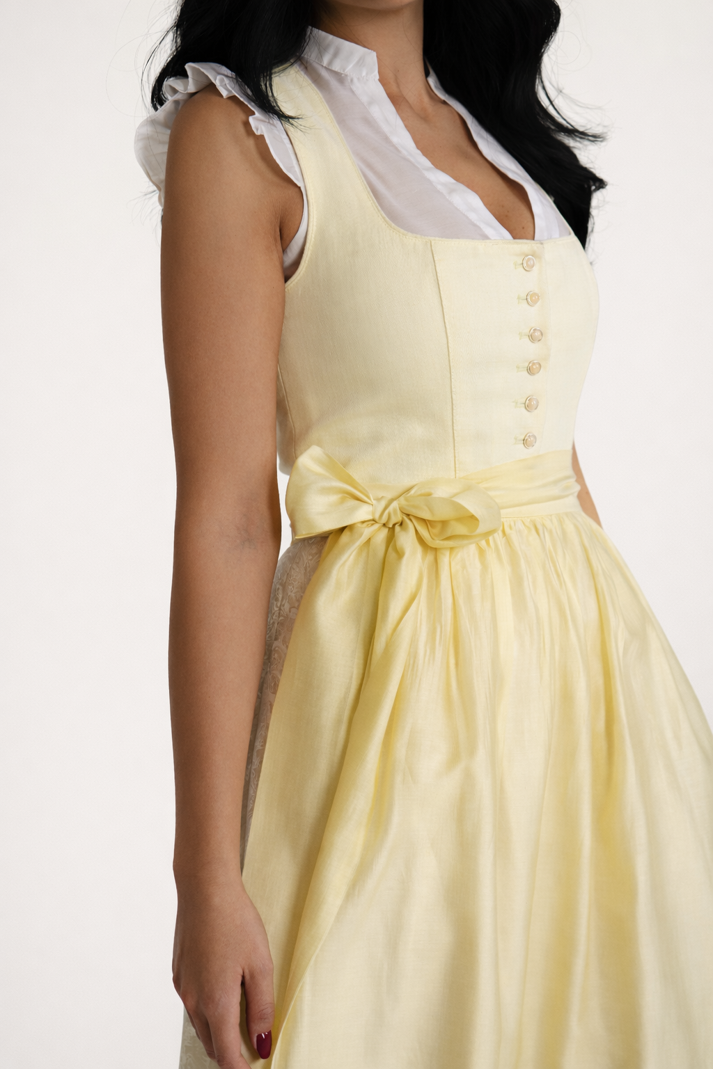 Dirndl Midi Damen | 70 cm Rocklänge | Elegantes Mieder mit Knopfleiste &amp; glänzender Schürze | Für Oktoberfest &amp; Volksfeste