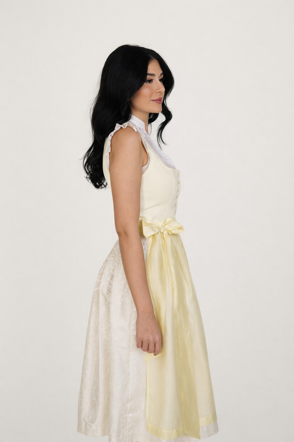 Dirndl Midi Damen | 70 cm Rocklänge | Elegantes Mieder mit Knopfleiste &amp; glänzender Schürze | Für Oktoberfest &amp; Volksfeste