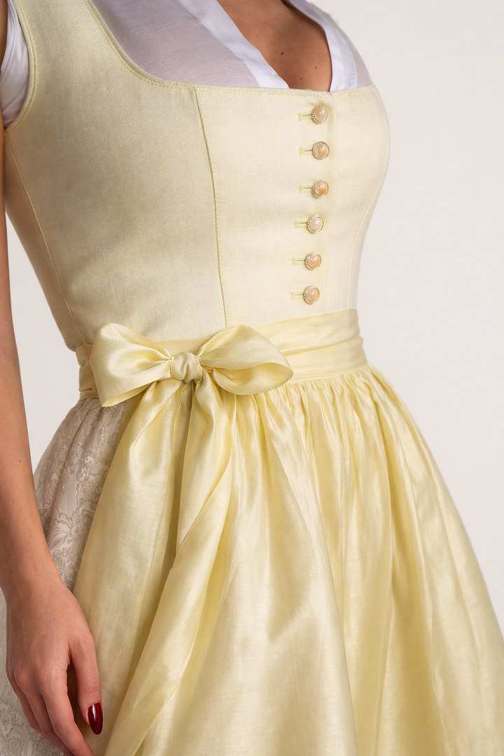 Dirndl Midi Damen | 70 cm Rocklänge | Elegantes Mieder mit Knopfleiste &amp; glänzender Schürze | Für Oktoberfest &amp; Volksfeste