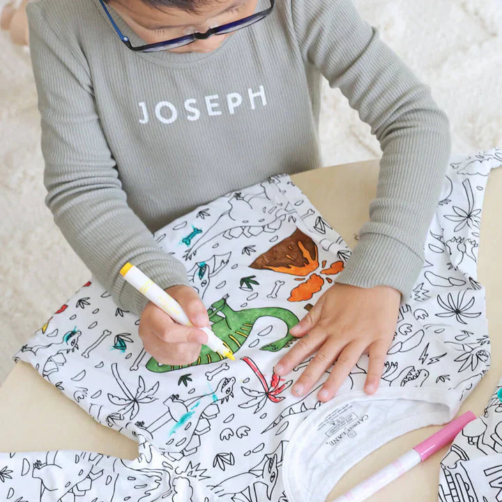 Children’s coloring pajama | Includes washable markers | Soft, breathable cotton | Reusable for ages 3–10