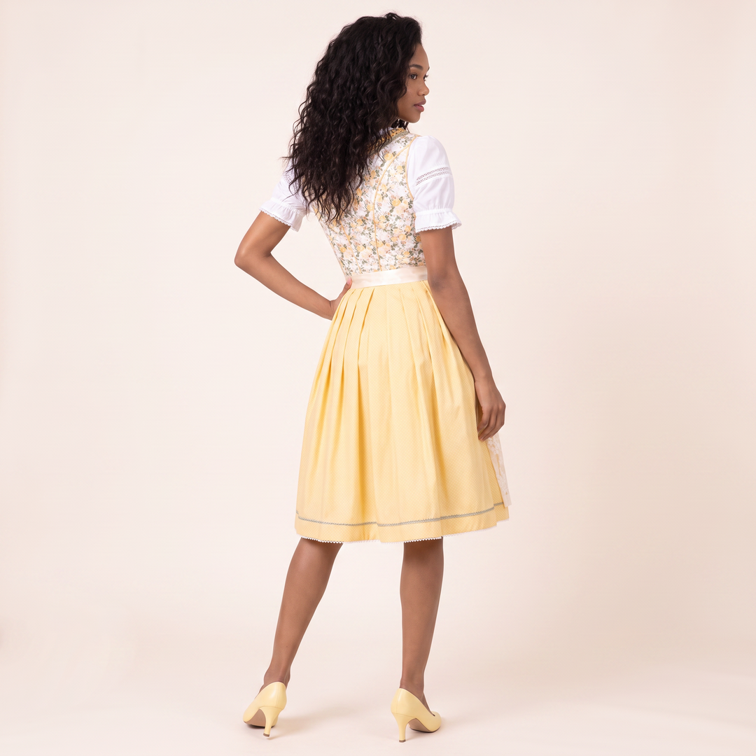Dirndl Midi Damen | 2-teiliges Trachtenkleid mit Schnürmieder, Spitzenschürze und 58 cm Rocklänge