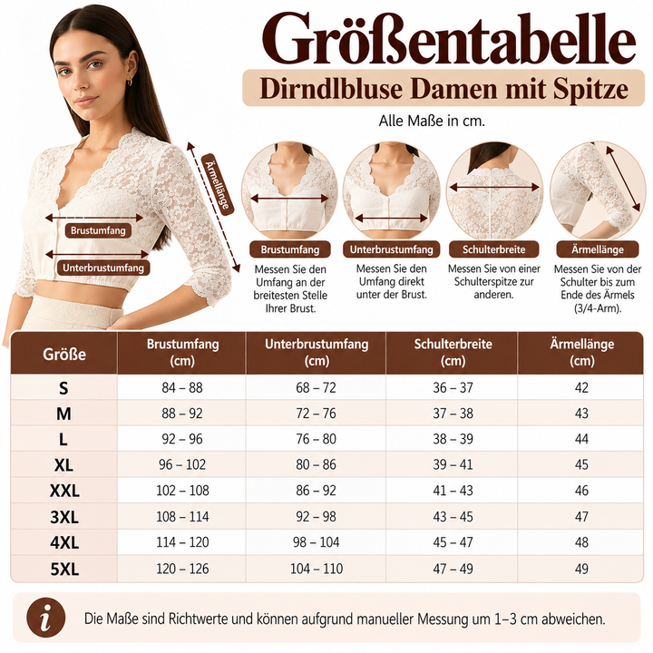 Dirndlbluse Damen mit Spitze | 3/4-Arm, V-Ausschnitt und Knopfleiste | Stretch-Spitze für vielseitige Trachten-Looks