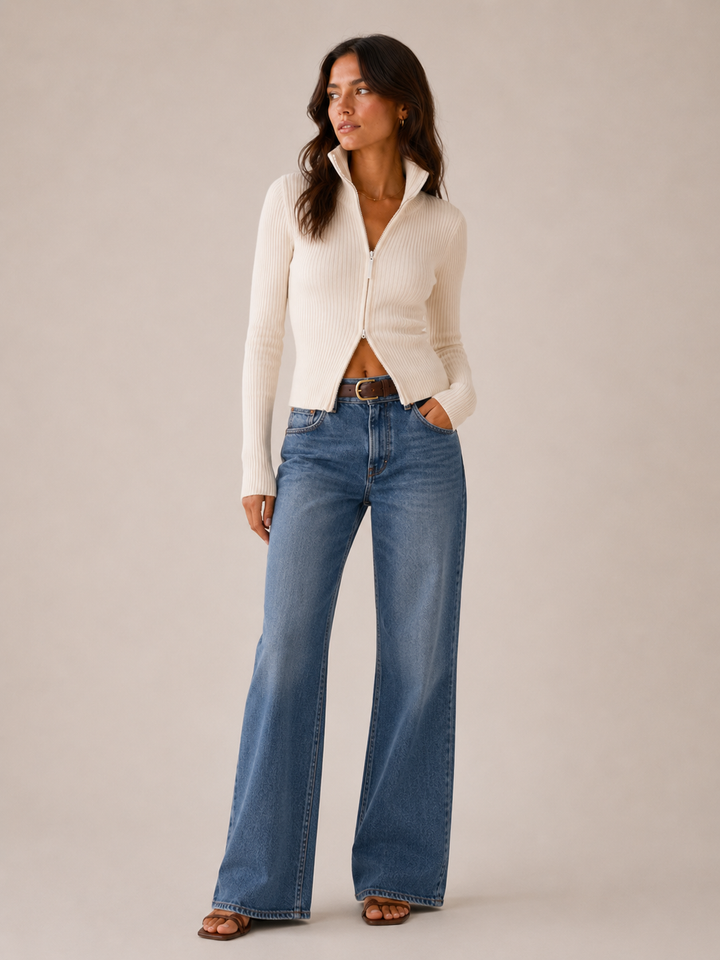 Damen Rippstrickjacke mit Doppel-Reißverschluss | Hoher Kragen und figurbetonte Passform für Alltag, Büro und Freizeit