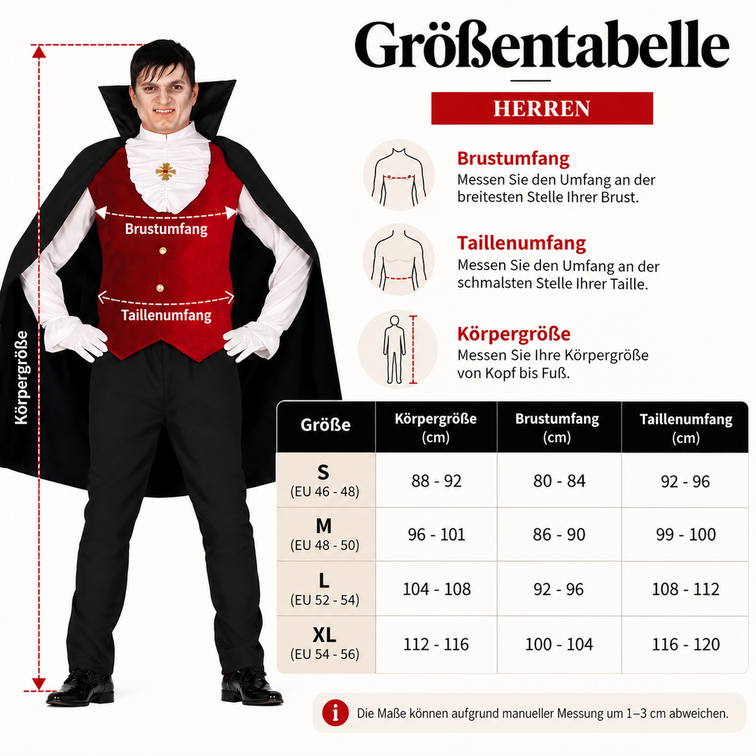 Herren Vampir Kostüm | 3-teiliges Halloween Kostüm mit Hemd, Weste, Jabot, Umhang und Hose für Horrorpartys