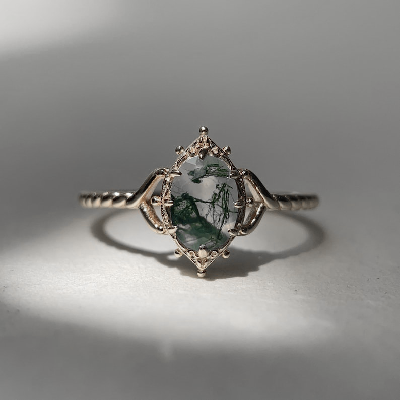 Ring | 925 Sterling Silber vergoldet | Natürlicher Moosachat | Handgefertigter Verlobungsring