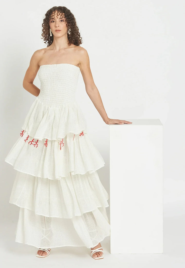 Damen Gestuftes Maxi-Kleid mit Schulterfreiem Ausschnitt | Gesmoktes Oberteil | Luftiges Sommerkleid mit Stickerei
