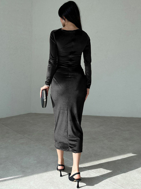 Damen Samtkleid in Smaragdgrün | Figurbetontes Midikleid mit langen Ärmeln, U-Boot-Ausschnitt und geraffter Taille für Abendmode