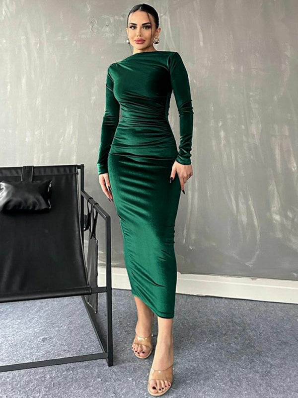 Damen Samtkleid in Smaragdgrün | Figurbetontes Midikleid mit langen Ärmeln, U-Boot-Ausschnitt und geraffter Taille für Abendmode