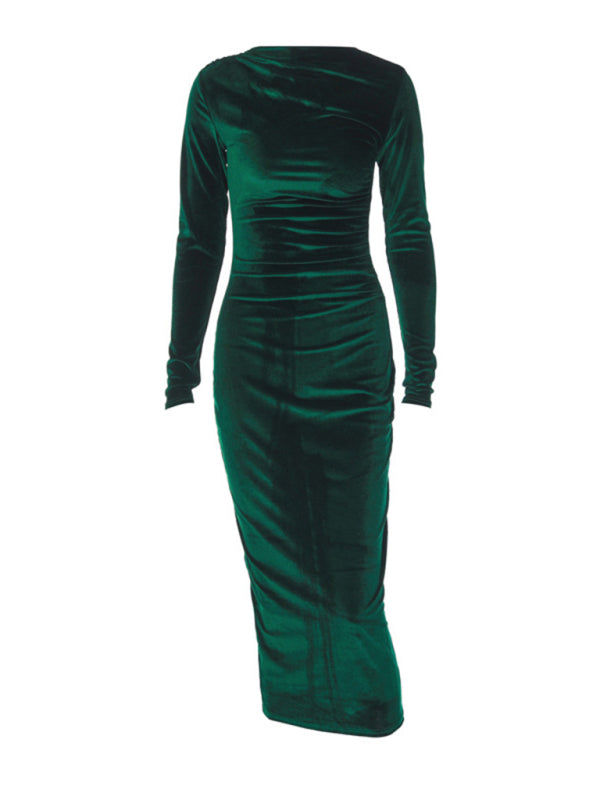 Damen Samtkleid in Smaragdgrün | Figurbetontes Midikleid mit langen Ärmeln, U-Boot-Ausschnitt und geraffter Taille für Abendmode