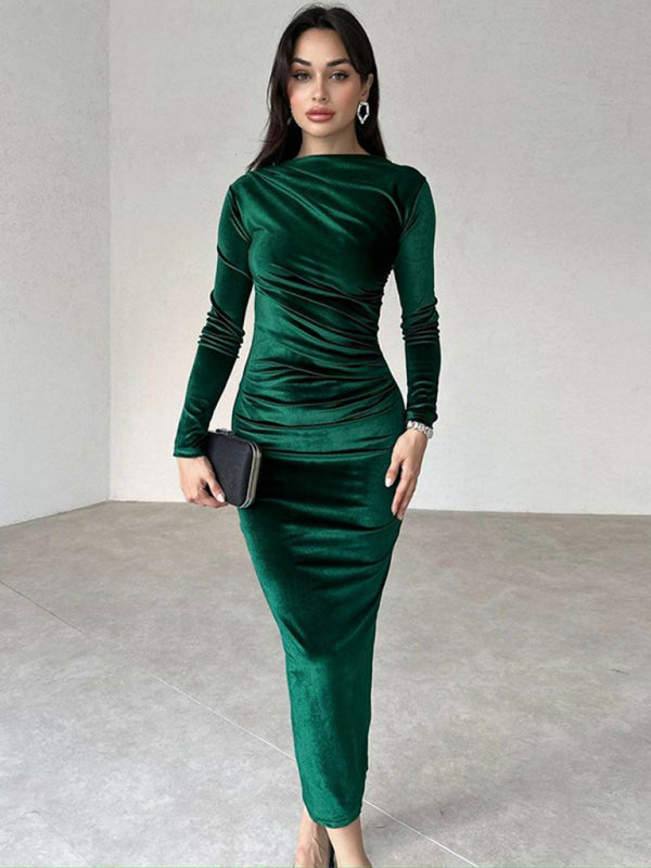 Damen Samtkleid in Smaragdgrün | Figurbetontes Midikleid mit langen Ärmeln, U-Boot-Ausschnitt und geraffter Taille für Abendmode