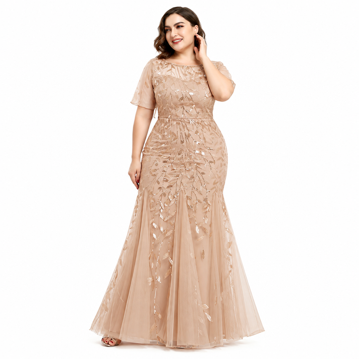 Damen Abendkleid in großen Größen | Elegantes Paillettenkleid mit Mesh-Stickerei und Meerjungfrau-Schnitt für festliche Anlässe