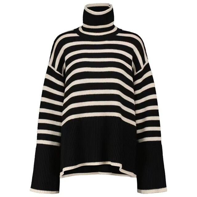 Damen Rollkragenpullover gestreift | Locker geschnittener Oversize-Pullover mit warmem Tragegefühl für Herbst und Winter