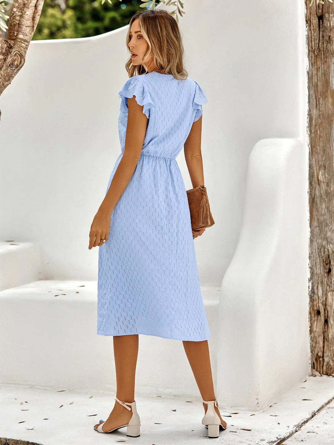 Vestito midi da donna con scollo a V &amp; maniche a sbuffo | Elastico in vita | Gonna a-line con struttura sottile | Bianco/blu/verde S-XL