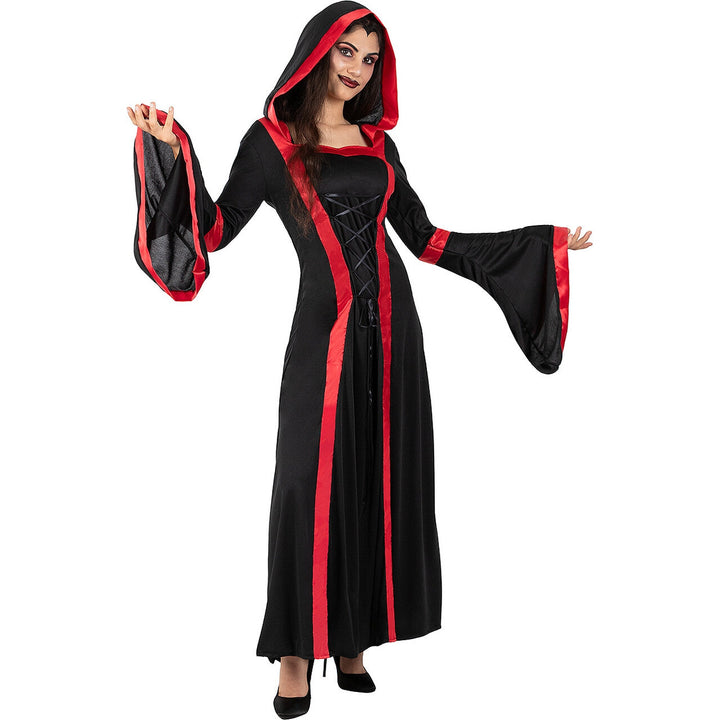 Damen Vampir Kostüm Schwarz Rot | Gothic Königin Halloween Kleid mit Kapuze und langen Ärmeln für Horror- und Mottoparty