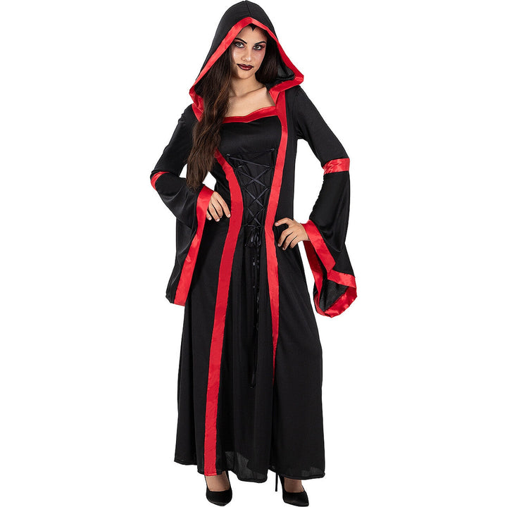 Damen Vampir Kostüm Schwarz Rot | Gothic Königin Halloween Kleid mit Kapuze und langen Ärmeln für Horror- und Mottoparty