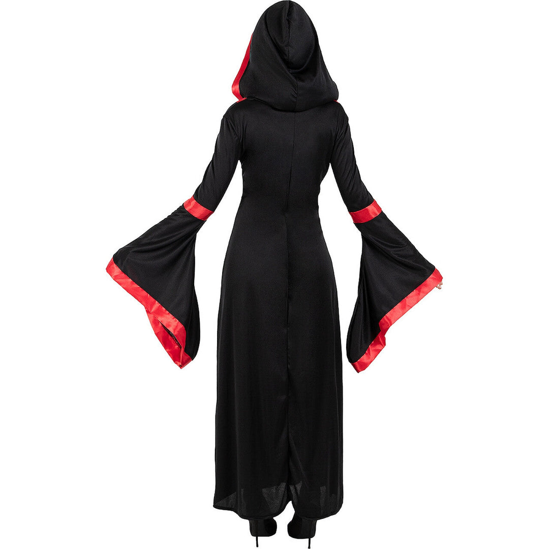 Damen Vampir Kostüm Schwarz Rot | Gothic Königin Halloween Kleid mit Kapuze und langen Ärmeln für Horror- und Mottoparty