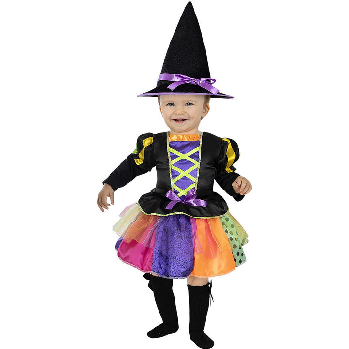 Baby Hexenkostüm Mädchen Bunt | 2-teiliges Halloween Kostüm mit Rüschenkleid, Schnürmieder und spitzem Hexenhut