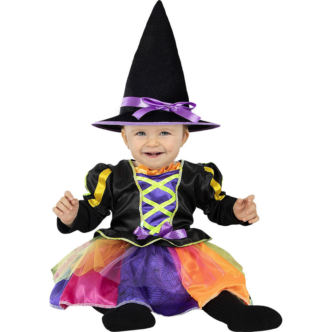 Baby Hexenkostüm Mädchen Bunt | 2-teiliges Halloween Kostüm mit Rüschenkleid, Schnürmieder und spitzem Hexenhut