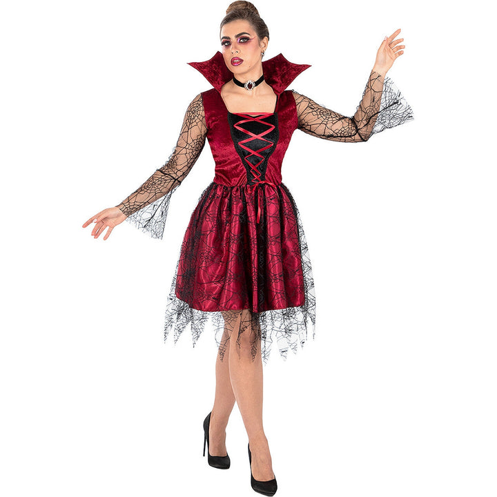 Damen Vampir Kostüm Bordeaux Schwarz | Gothic Halloween Kleid mit Stehkragen, Schnürung und Spinnennetz-Details