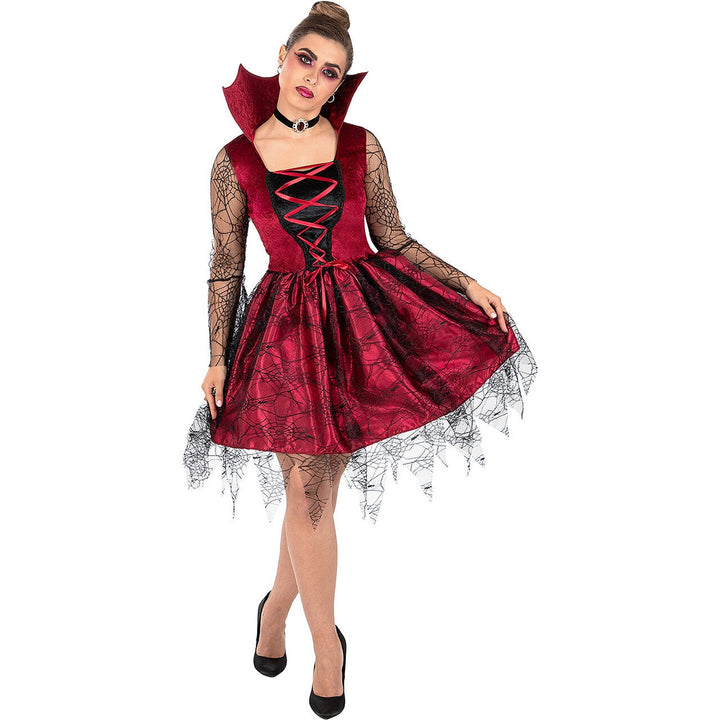Damen Vampir Kostüm Bordeaux Schwarz | Gothic Halloween Kleid mit Stehkragen, Schnürung und Spinnennetz-Details