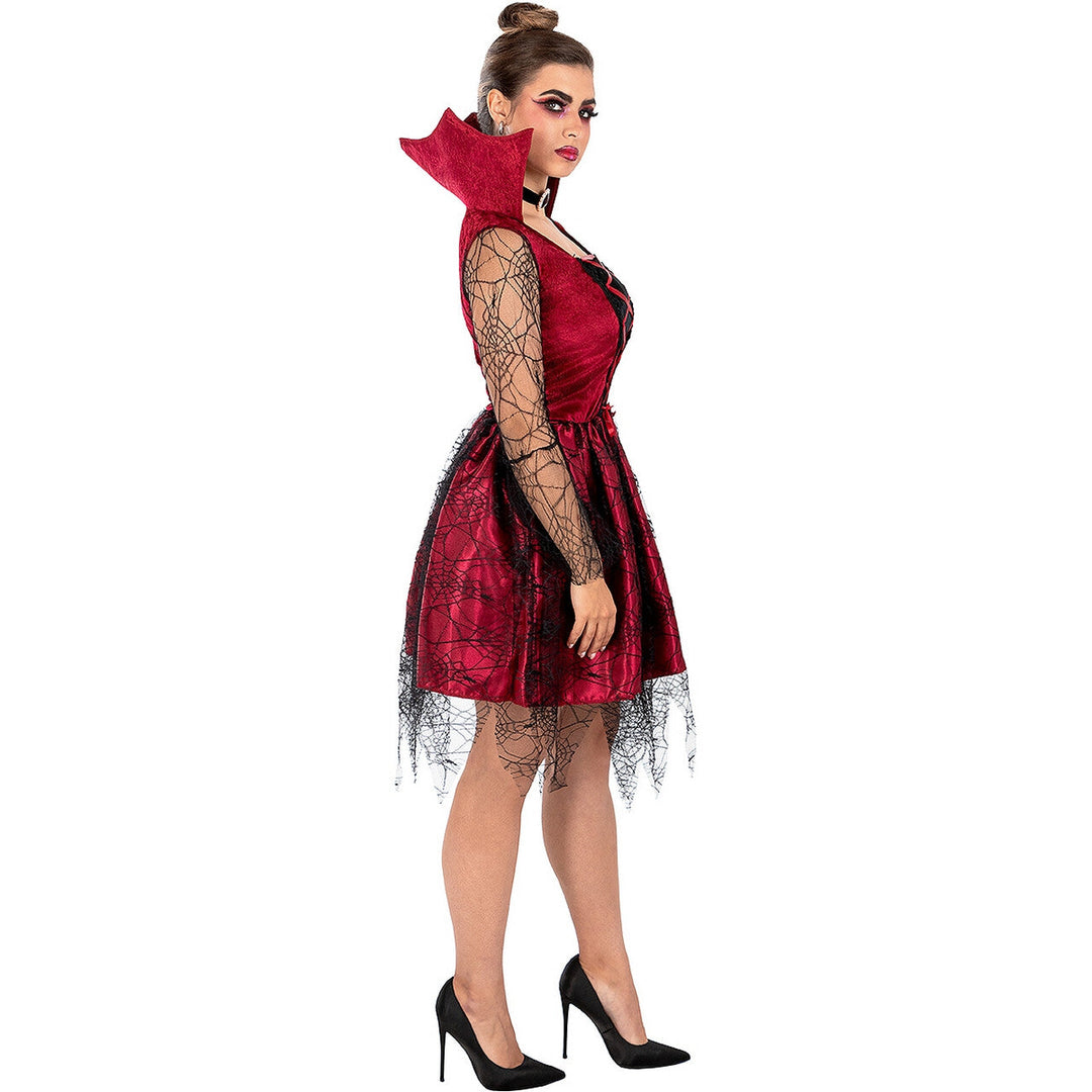 Damen Vampir Kostüm Bordeaux Schwarz | Gothic Halloween Kleid mit Stehkragen, Schnürung und Spinnennetz-Details