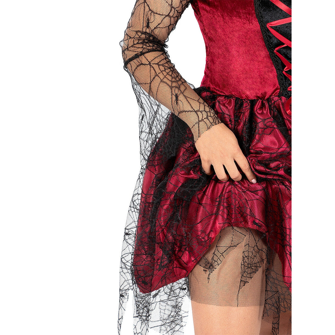 Damen Vampir Kostüm Bordeaux Schwarz | Gothic Halloween Kleid mit Stehkragen, Schnürung und Spinnennetz-Details