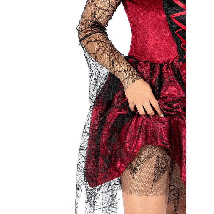 Damen Vampir Kostüm Bordeaux Schwarz | Gothic Halloween Kleid mit Stehkragen, Schnürung und Spinnennetz-Details