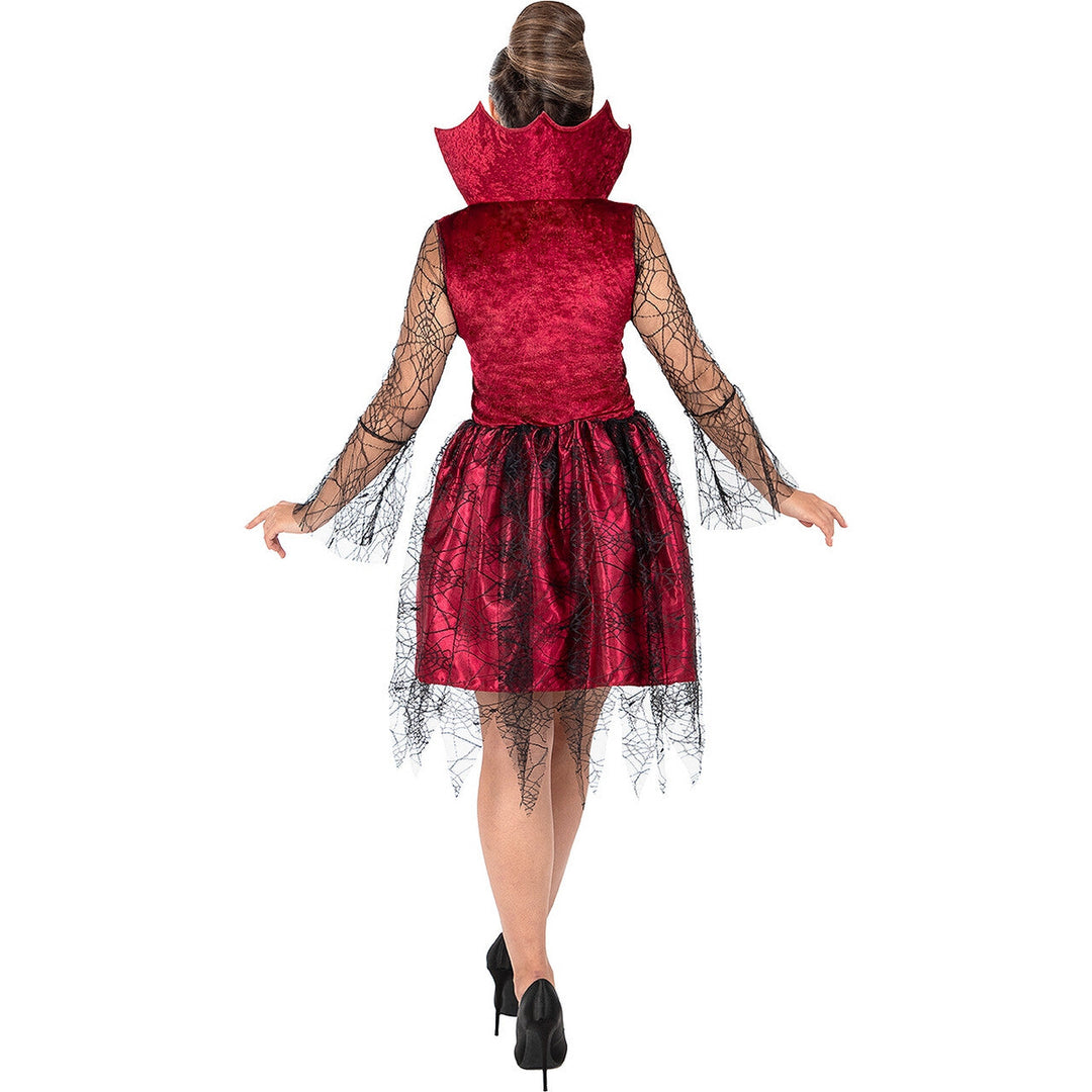 Damen Vampir Kostüm Bordeaux Schwarz | Gothic Halloween Kleid mit Stehkragen, Schnürung und Spinnennetz-Details