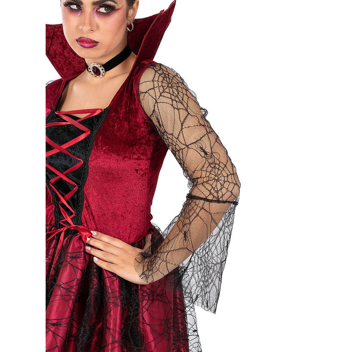 Damen Vampir Kostüm Bordeaux Schwarz | Gothic Halloween Kleid mit Stehkragen, Schnürung und Spinnennetz-Details