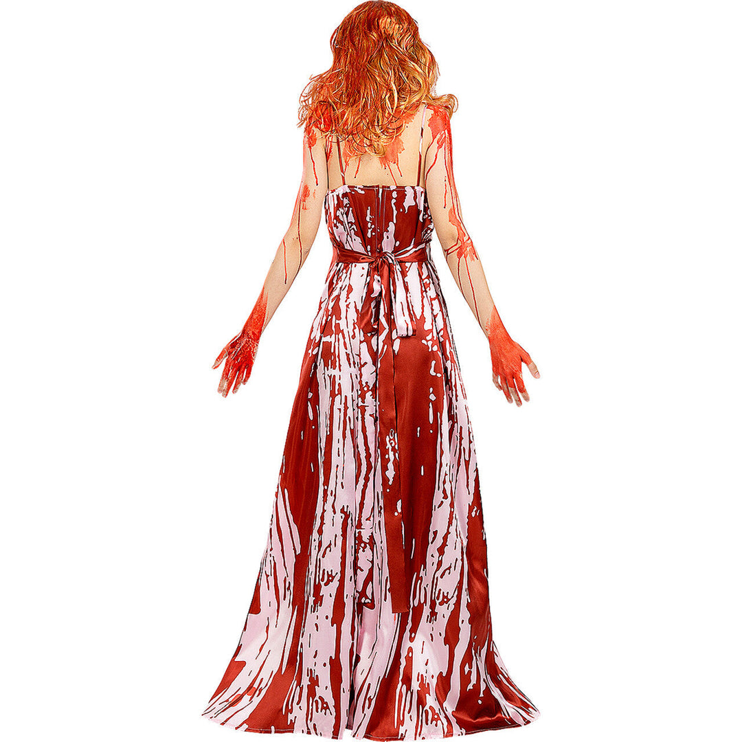 Damen Carrie Kostüm Rot Rosa | Langes Halloween Kleid mit Blutprint, V-Ausschnitt und Spaghettiträgern für Horrorparty