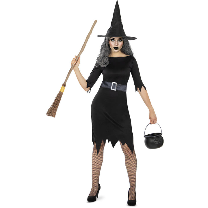 Damen Hexenkostüm Schwarz | Halloween Kostüm mit Hexenkleid, Gürtel und Hexenhut für Karneval, Kostümparty und Mottoparty