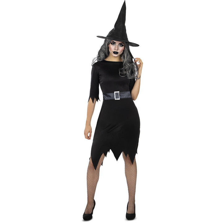 Damen Hexenkostüm Schwarz | Halloween Kostüm mit Hexenkleid, Gürtel und Hexenhut für Karneval, Kostümparty und Mottoparty