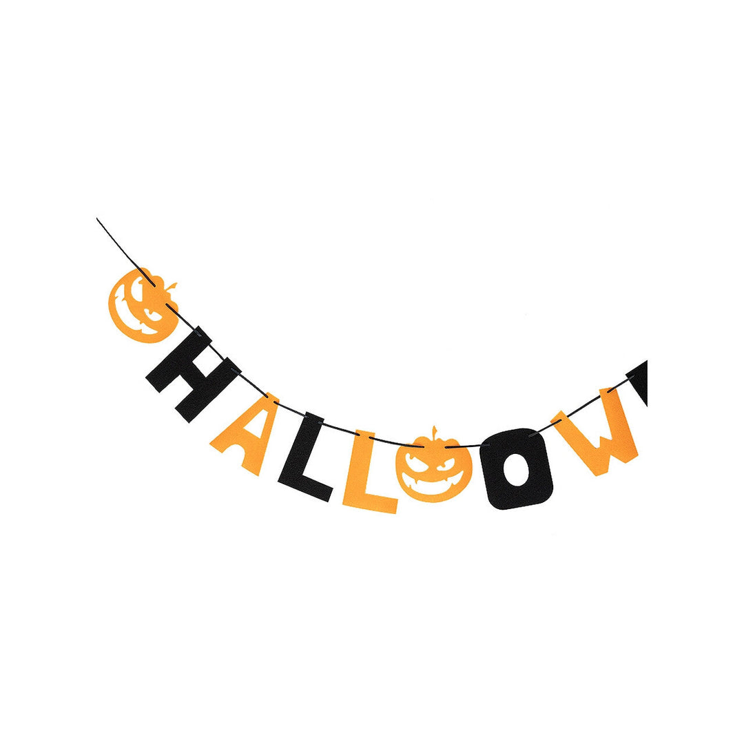 Halloween Girlande | Orange-schwarze Hängedeko mit Halloween-Schriftzug und Kürbissen für Party und Raumdekoration