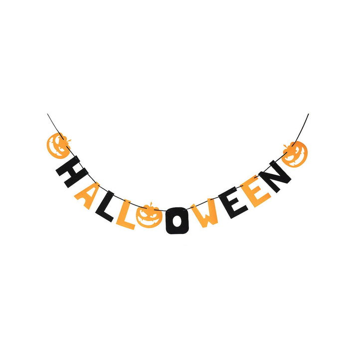 Halloween Girlande | Orange-schwarze Hängedeko mit Halloween-Schriftzug und Kürbissen für Party und Raumdekoration