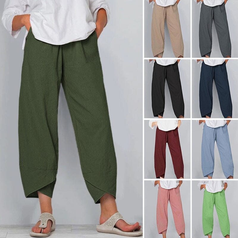 Damen Vintage Hose mit asymmetrischem Gummibund | Hohe Taille &amp; Seitentaschen | Lockerer Schnitt, Baumwoll-Polyester, Sommer