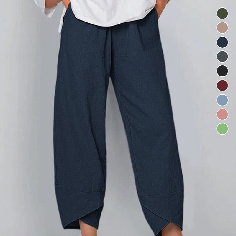 Damen Vintage Hose mit asymmetrischem Gummibund | Hohe Taille &amp; Seitentaschen | Lockerer Schnitt, Baumwoll-Polyester, Sommer