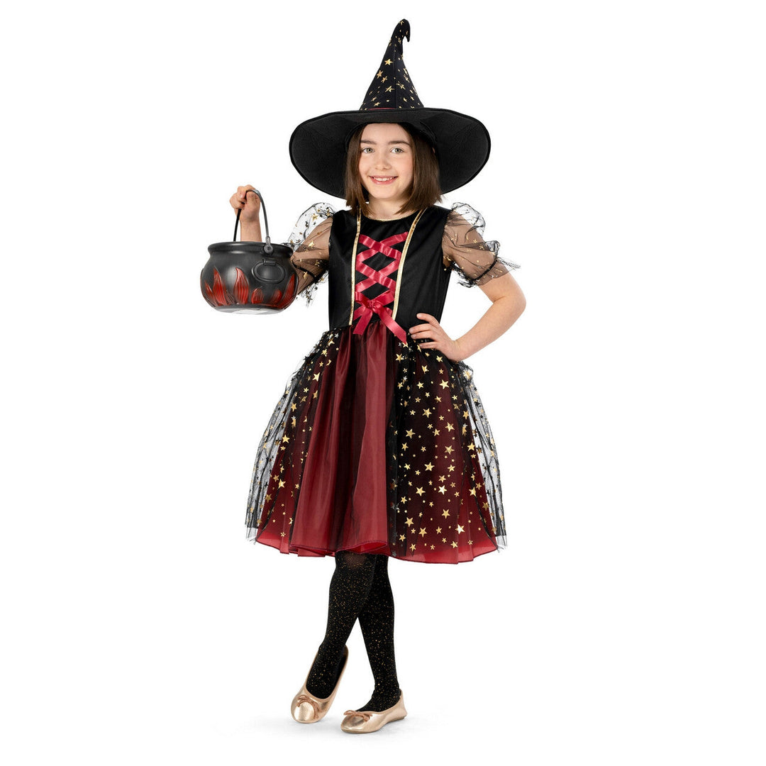 Mädchen Hexenkostüm Rot Schwarz | 2-teiliges Halloween Sternenhexe Kostüm mit Tüllkleid und breitem Hexenhut für Kinder
