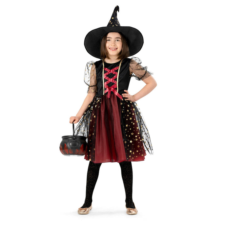 Mädchen Hexenkostüm Rot Schwarz | 2-teiliges Halloween Sternenhexe Kostüm mit Tüllkleid und breitem Hexenhut für Kinder