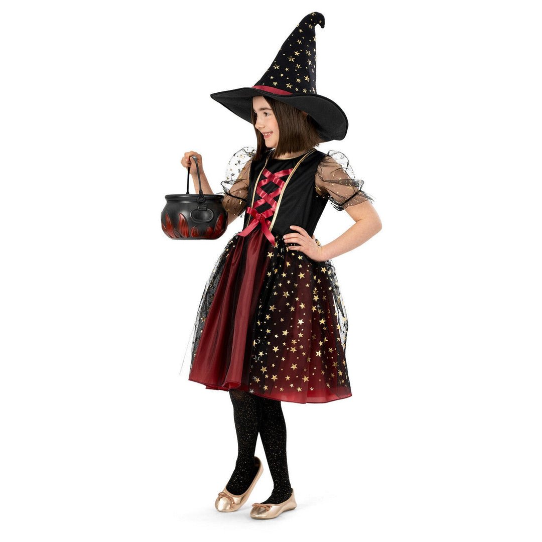 Mädchen Hexenkostüm Rot Schwarz | 2-teiliges Halloween Sternenhexe Kostüm mit Tüllkleid und breitem Hexenhut für Kinder