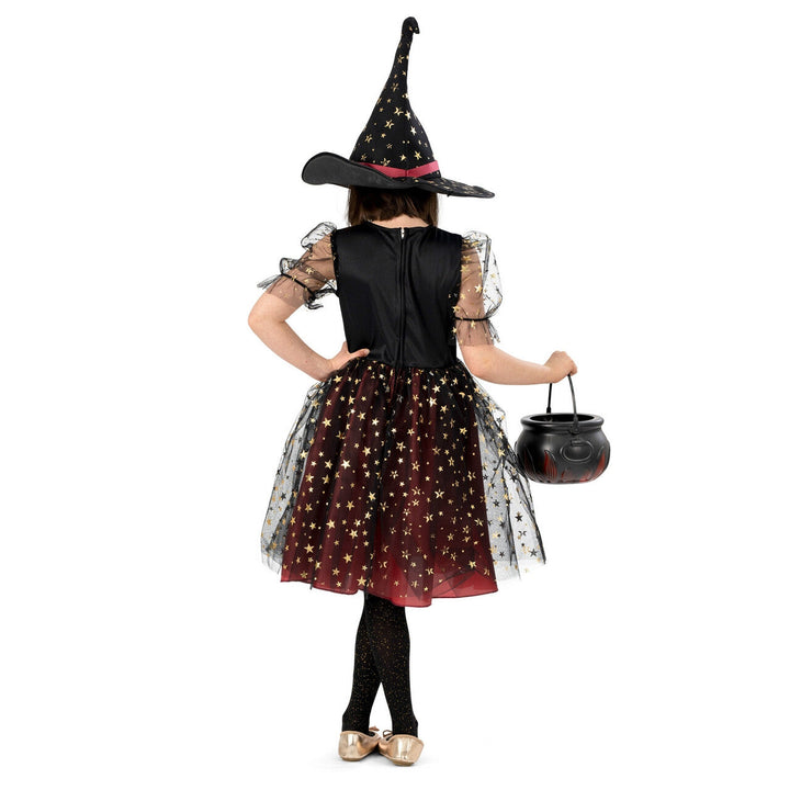 Mädchen Hexenkostüm Rot Schwarz | 2-teiliges Halloween Sternenhexe Kostüm mit Tüllkleid und breitem Hexenhut für Kinder