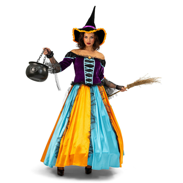 Damen Hexenkostüm Blau Orange Lila | Halloween Kostüm mit Hexenkleid, Schnürung und Hexenhut für Karneval und Mottoparty