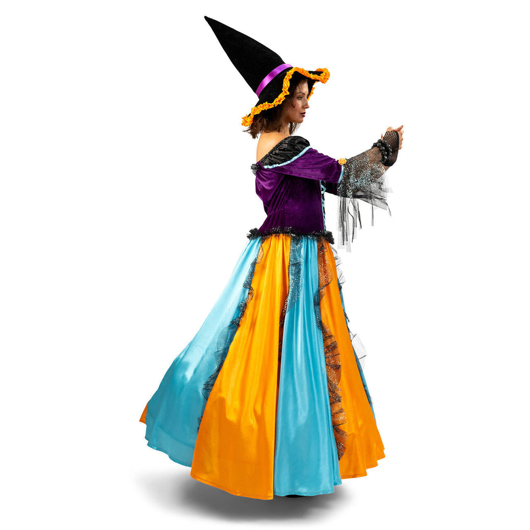 Damen Hexenkostüm Blau Orange Lila | Halloween Kostüm mit Hexenkleid, Schnürung und Hexenhut für Karneval und Mottoparty
