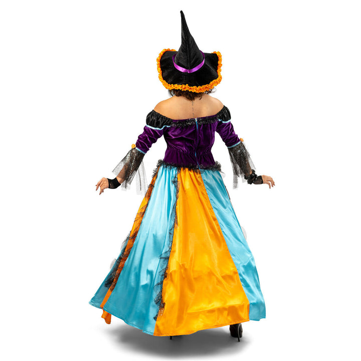 Damen Hexenkostüm Blau Orange Lila | Halloween Kostüm mit Hexenkleid, Schnürung und Hexenhut für Karneval und Mottoparty