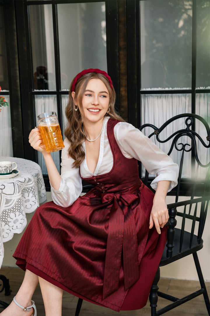 Dirndl Midi Damen | Trachtenkleid mit Plissee-Schürze für Oktoberfest, Volksfest und festliche Anlässe